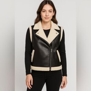 New Look Womens Black Cream Sleeveless Faux Leather Sherpa Vest Coat Medium NWT